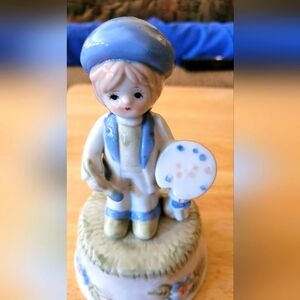 Vintage Enesco Music Box Boy Child Artist with Cat